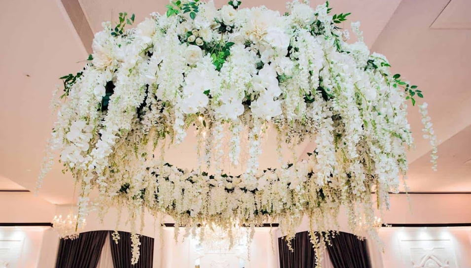 white ceiling flowers at vogue ballroom